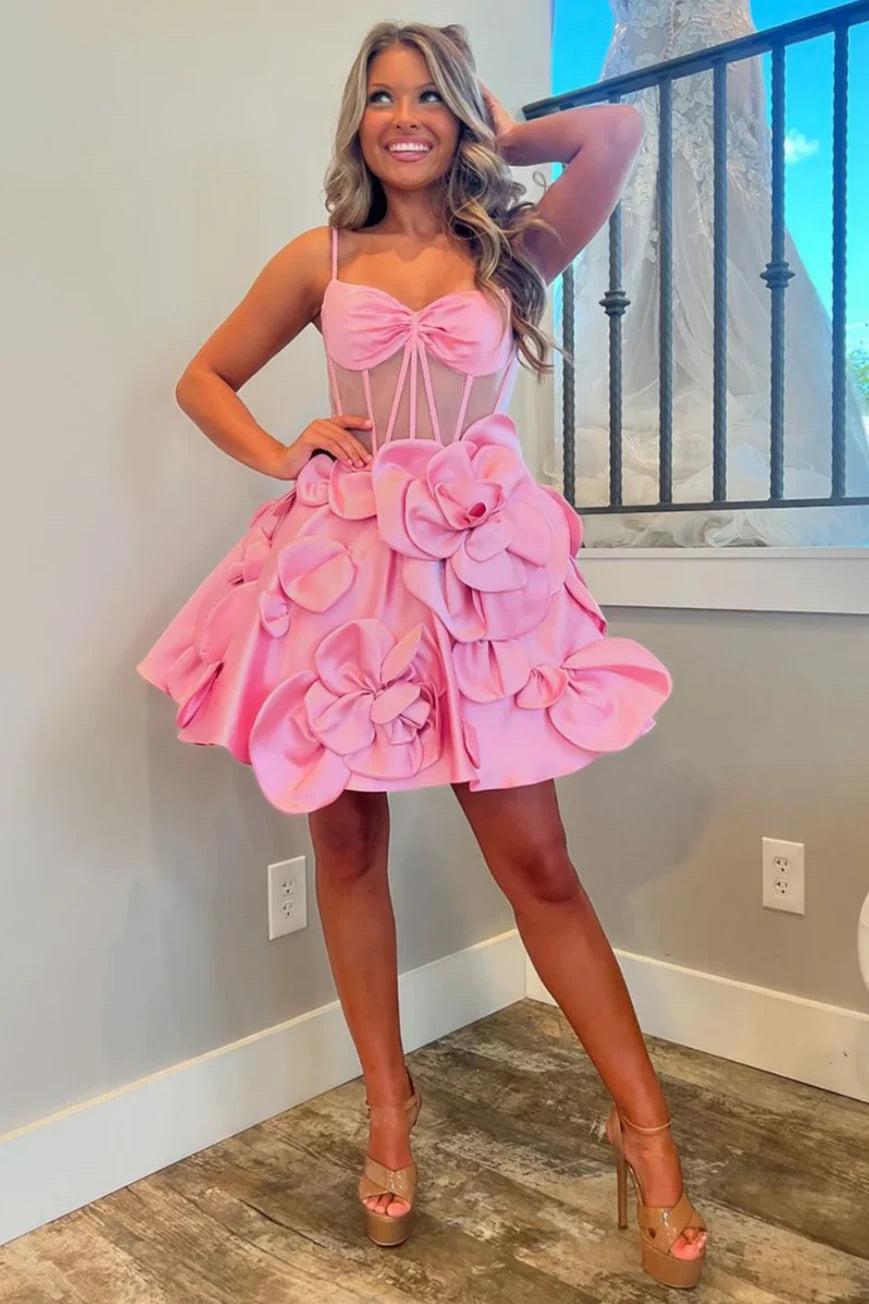 3D Floral Spaghetti Strap Sheer Corset Pink Party Dress Front Full