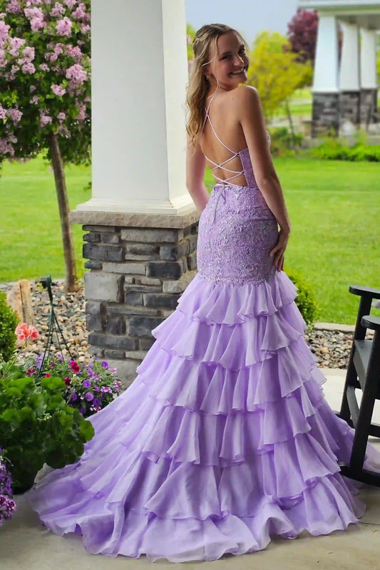 Back view of lavender applique V-neck mermaid prom dress