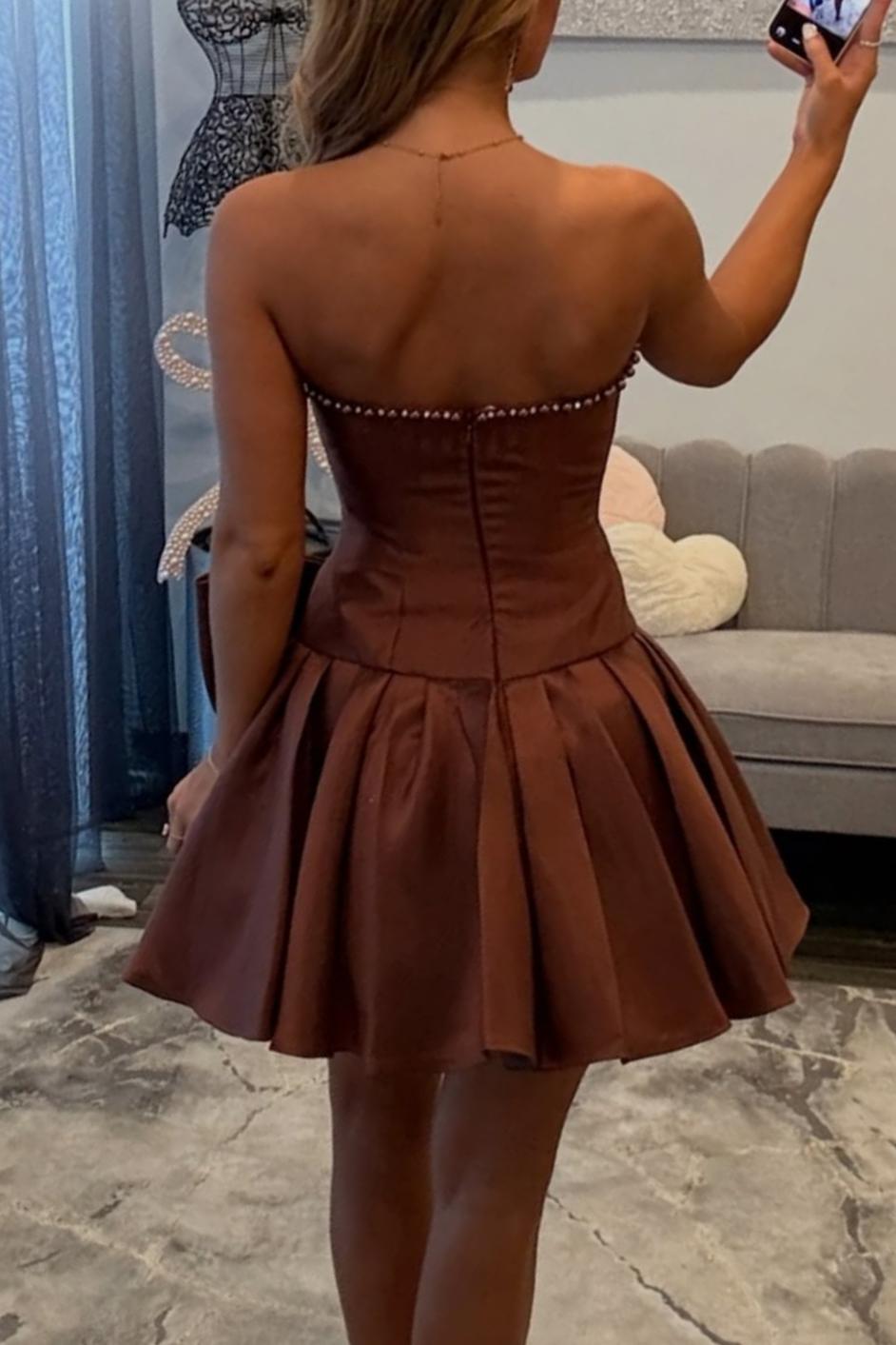 Beaded Bust Brown Satin A Line Homecoming Dress with Big Bow