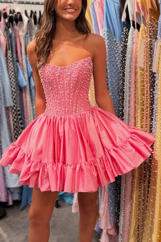 Beaded Pearl Boned Corset  Ruffle Homecoming Dress Front Full
