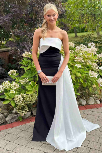 Black and white strapless fold over satin mermaid prom dress