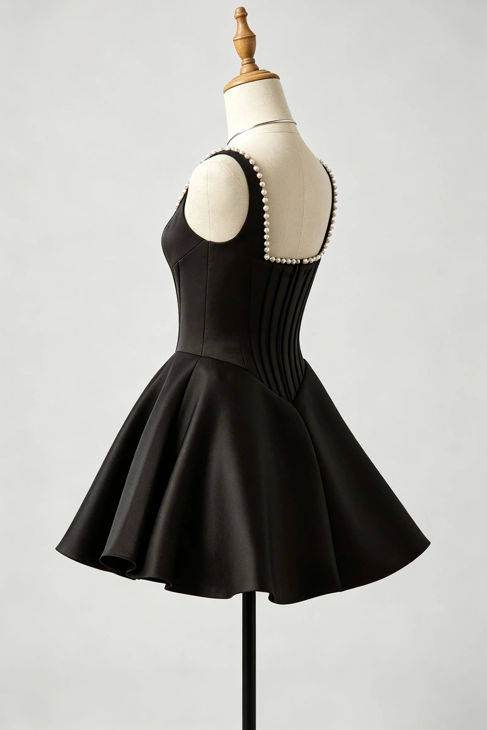 Black Sleeveless Satin A-Line Homecoming Dress Pearl Trim Back