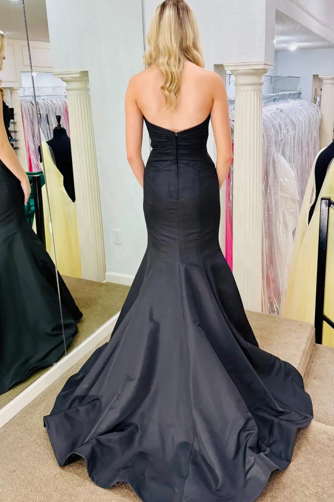 Black Strapless Double Bow Cutout Mermaid Satin Long Prom Gown
