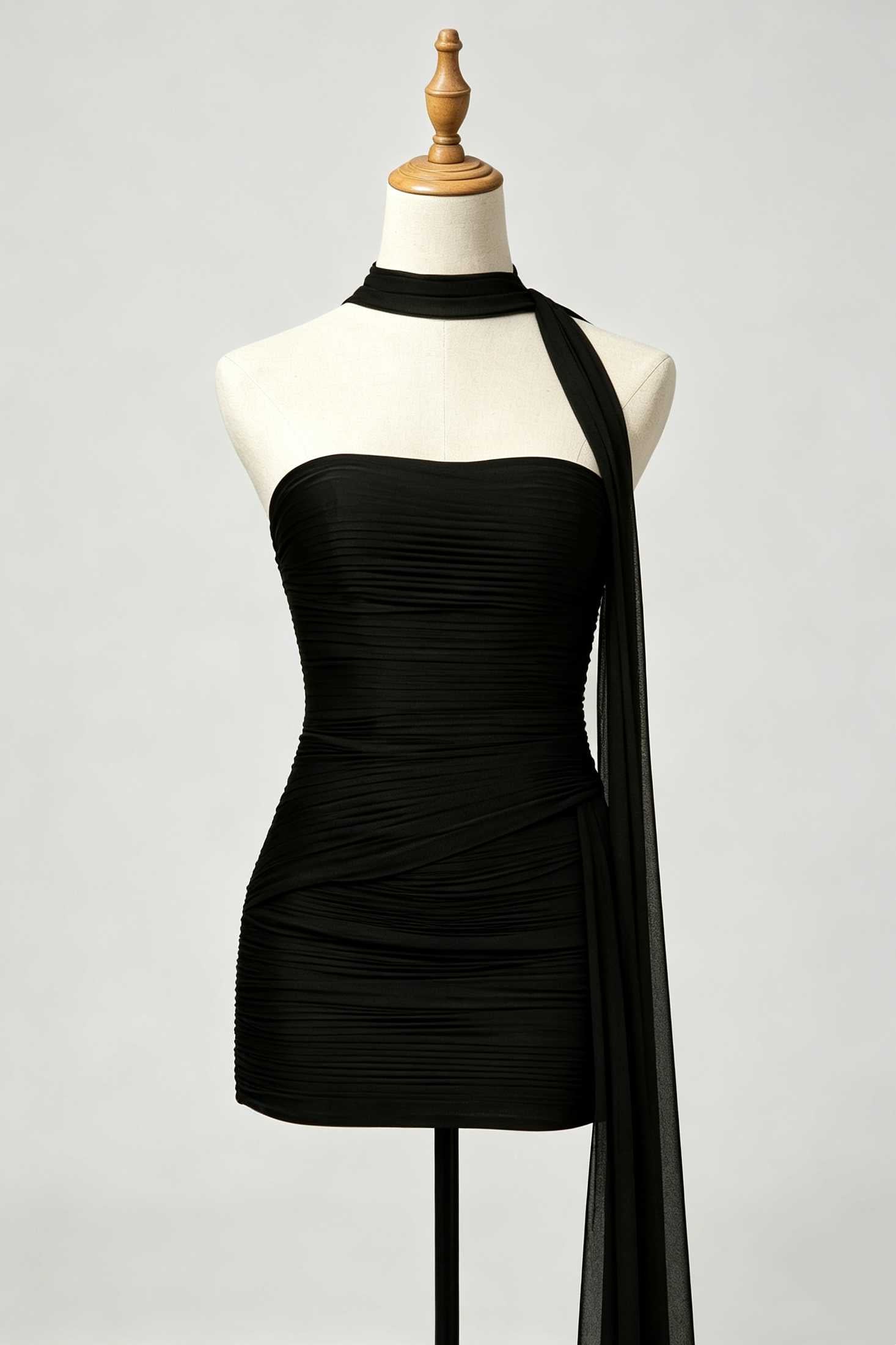 Black strapless ruched homecoming dress with detachable halter sash