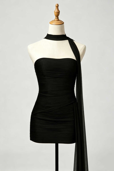 Black strapless ruched homecoming dress with detachable halter sash
