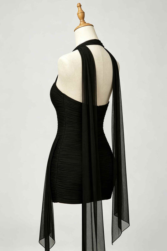 Side view of black ruched dress showing detachable halter sash