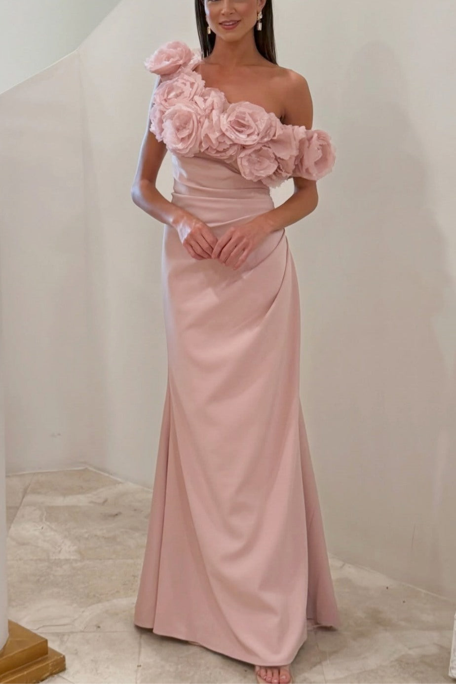 Blush Pink 3D Floral One Shoulder Ruched Mermaid Evening Dress