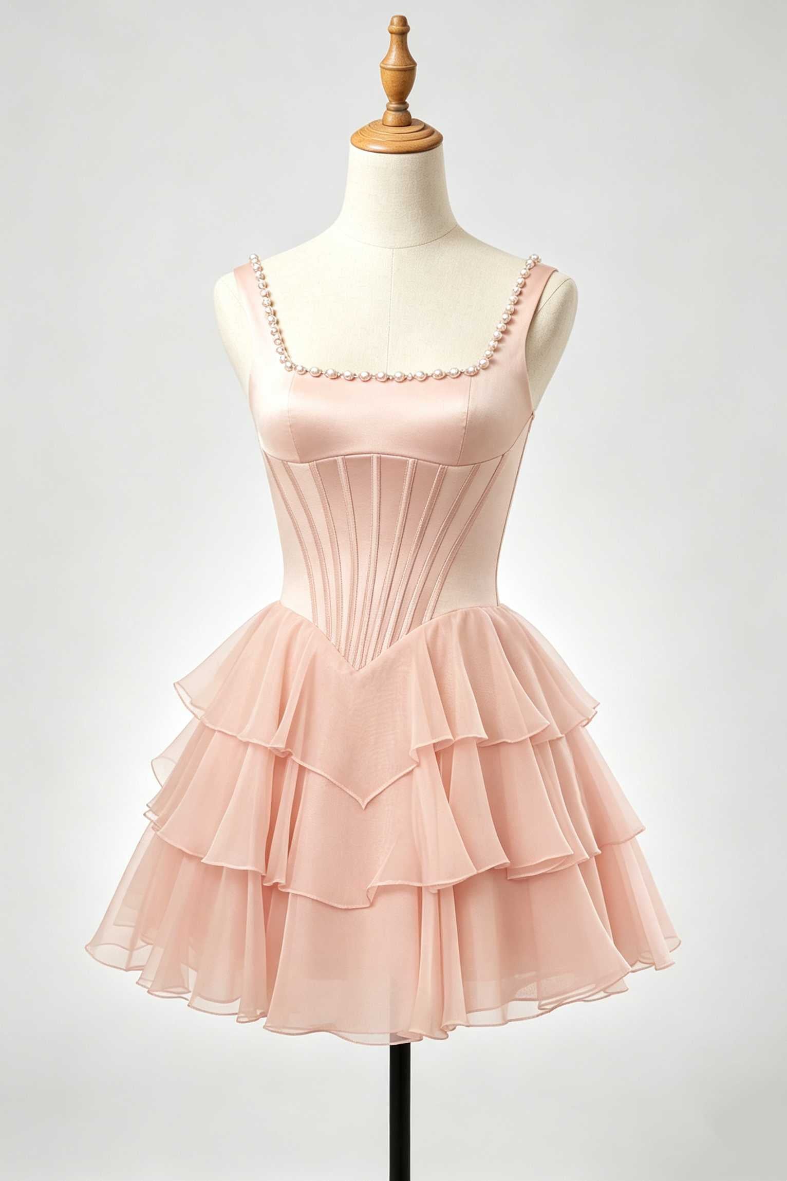 Blush pink pearl square neck tiered homecoming dress