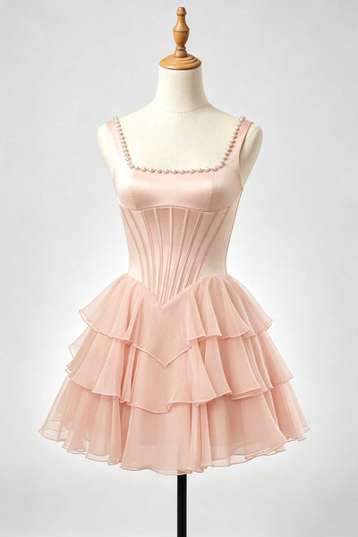 Blush pink pearl square neck tiered homecoming dress