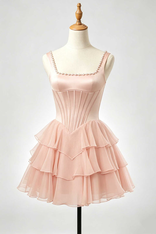 Blush pink pearl square neck tiered homecoming dress