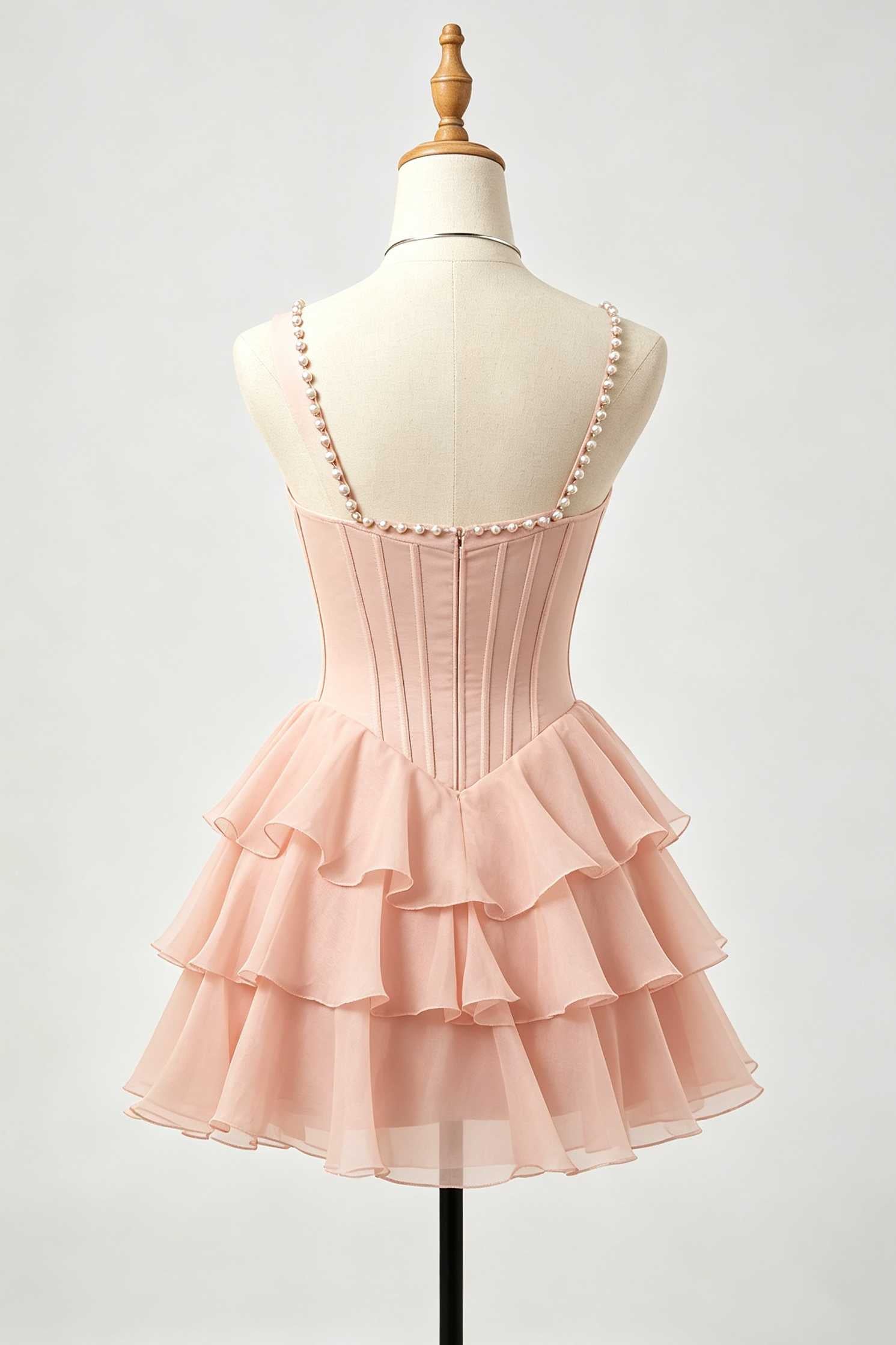 Blush Pink Pearl Square Neck Tiered Homecoming Dress