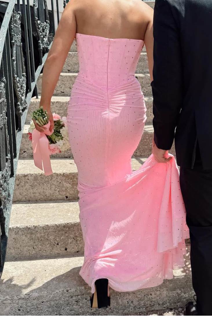 Blush Pink Rhinestone Strapless Mermaid Long Prom Dress