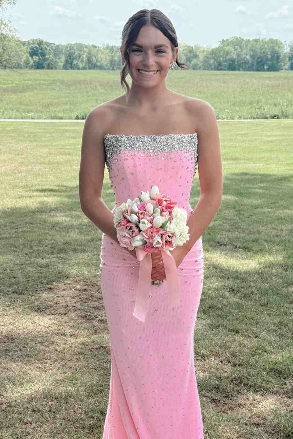 Blush Pink Rhinestone Strapless Mermaid Long Prom Dress