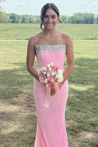 Blush pink rhinestone strapless mermaid long prom dress