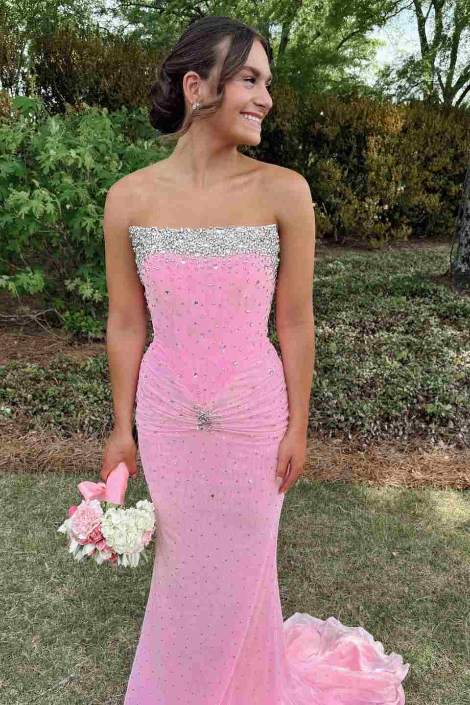 Blush Pink Rhinestone Strapless Mermaid Long Prom Dress