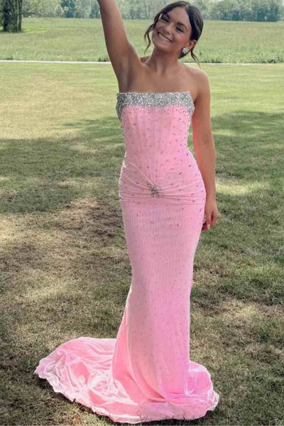 Blush pink rhinestone strapless mermaid long prom dress