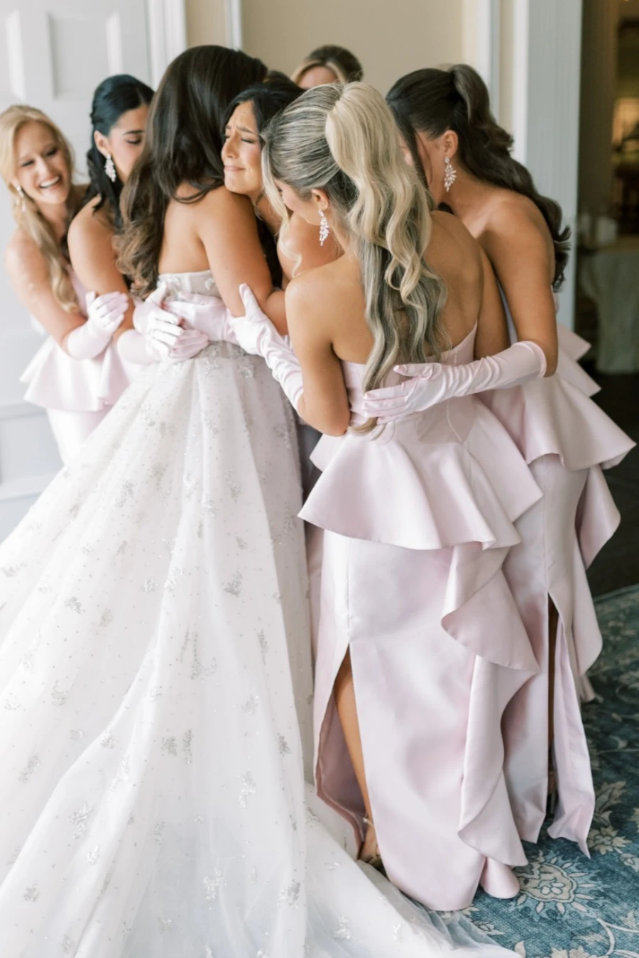 Blush Pink Strapless Peplum Satin Bridesmaid Dress with Side Slit