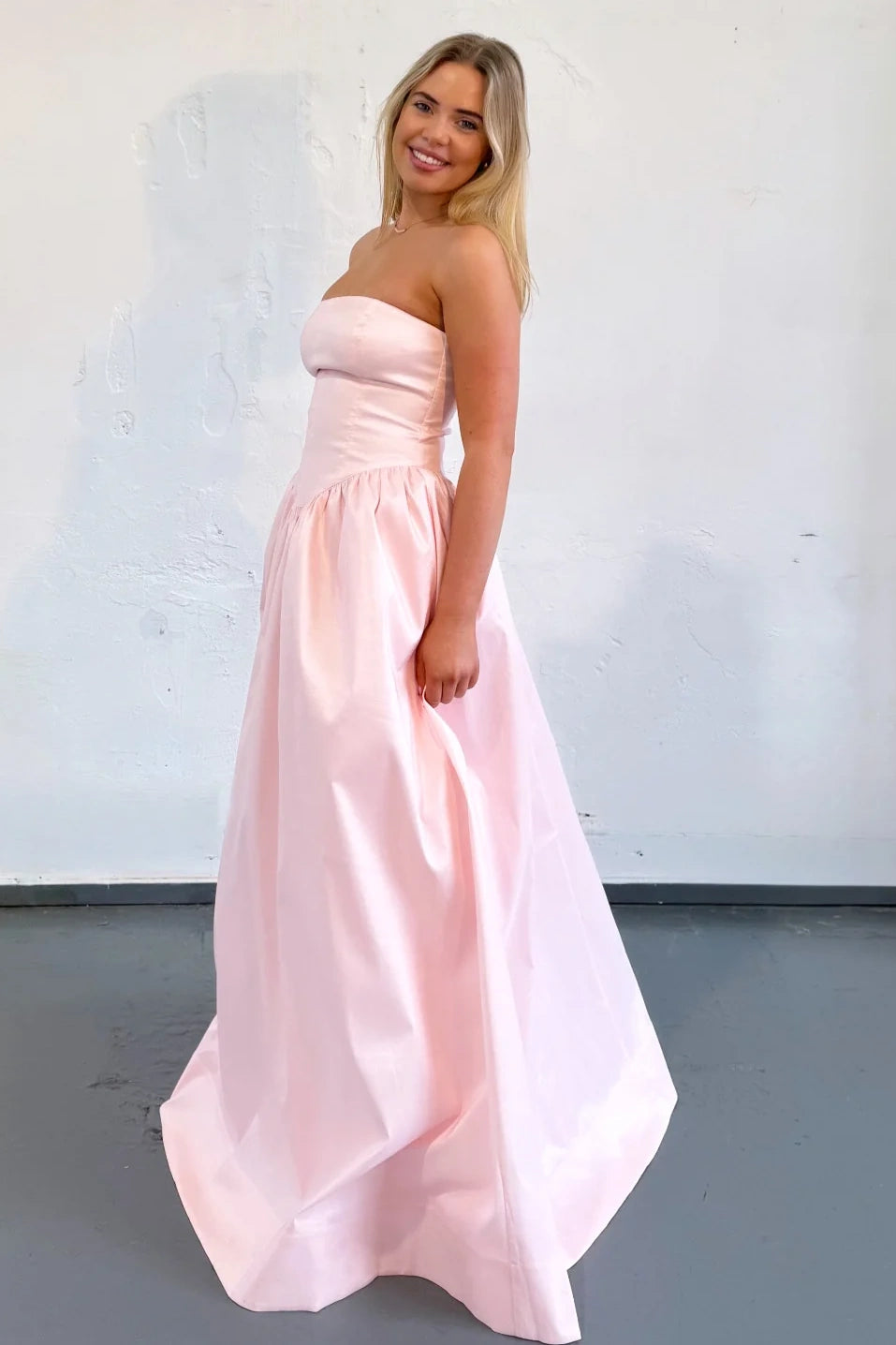 Blush Pink Strapless Voluminous Long Bridesmaid Dress