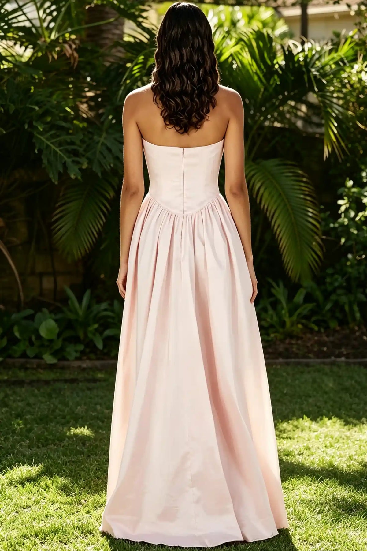 Blush Pink Strapless Voluminous Long Bridesmaid Dress
