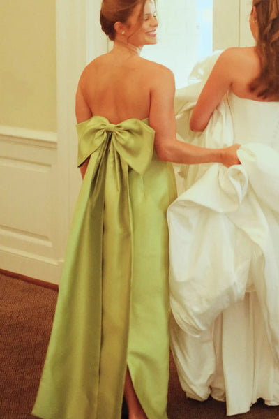 Bow back pleated strapless sheath bridesmaid dress