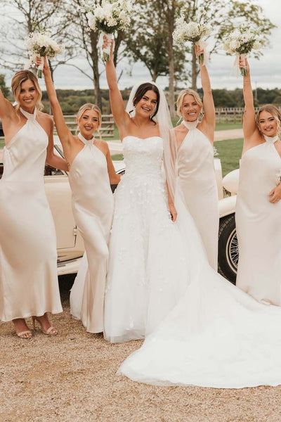 Champagne halter neck sheath floor length bridesmaid dress