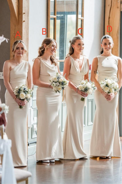 Four bridesmaids wearing matching off-white/cream one-shoulder and V-neck floor-length dresses, standing indoors and holding white rose bouquets. Red letters A, B, C, and D are overlaid above each woman.
