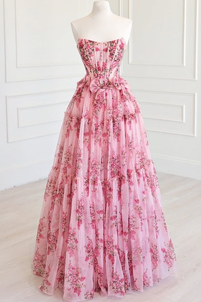 Cute floral print strapless a-line chiffon formal gown