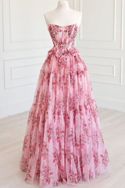 Cute floral print strapless a-line chiffon formal gown