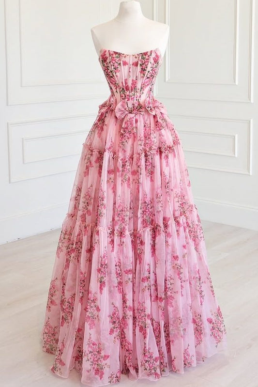Cute floral print strapless a-line chiffon formal gown