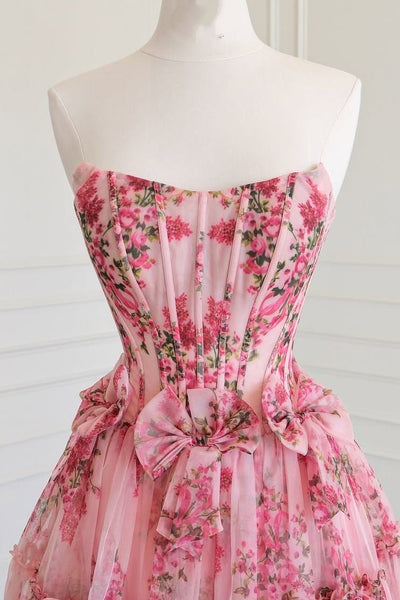 Cute floral print strapless a-line chiffon formal gown