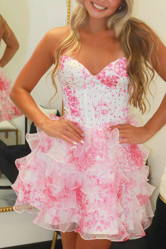 Cute Pink Sweetheart Tiered Ruffle Homecoming Dress with Rhinestone Front Full