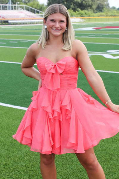 Cutout strapless bow tiered ruffle chiffon homecoming mini dress