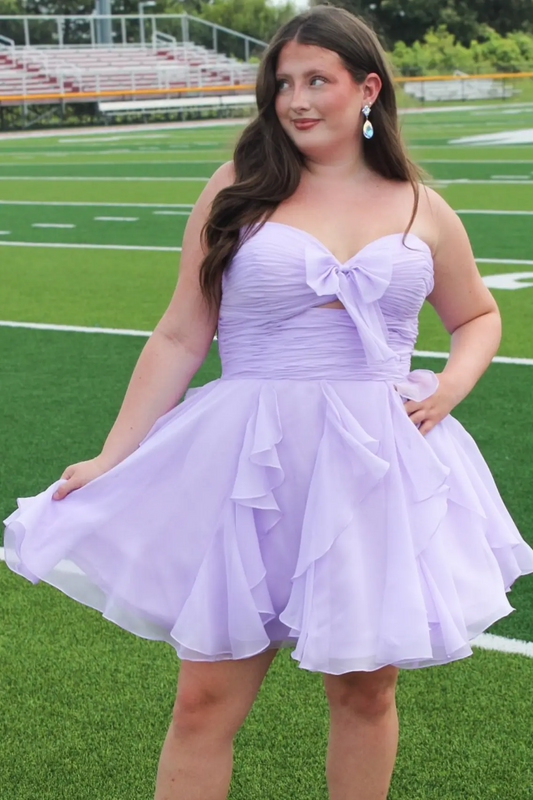 Lavender cutout strapless bow tiered ruffle chiffon homecoming mini dress
