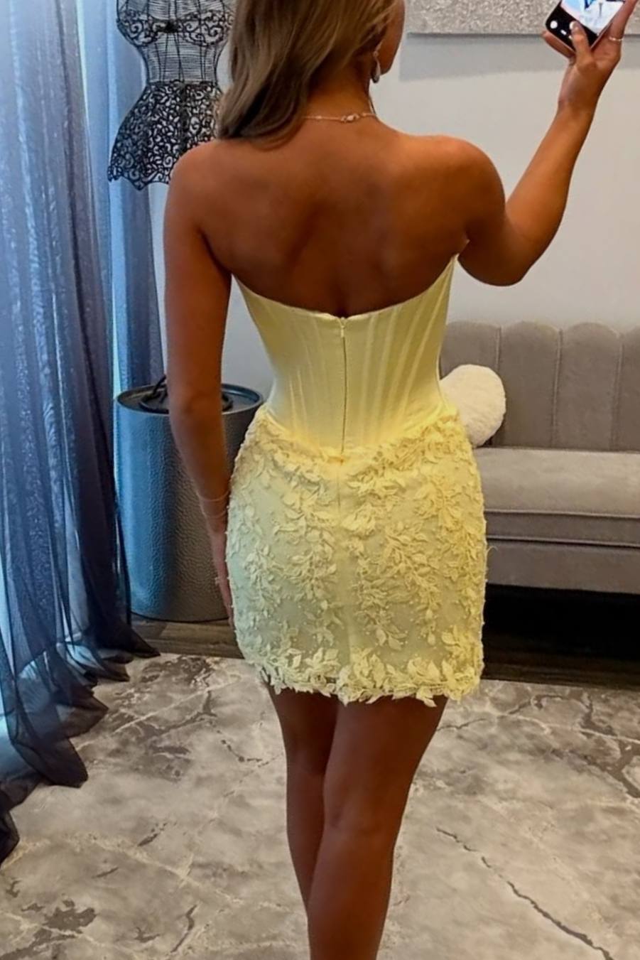 Applique Strapless Empire Waist Yellow Homecoming Dress