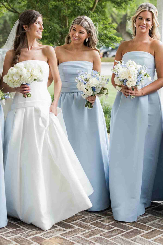 Dusty blue strapless horizontal pleat A-line bridesmaid dress
