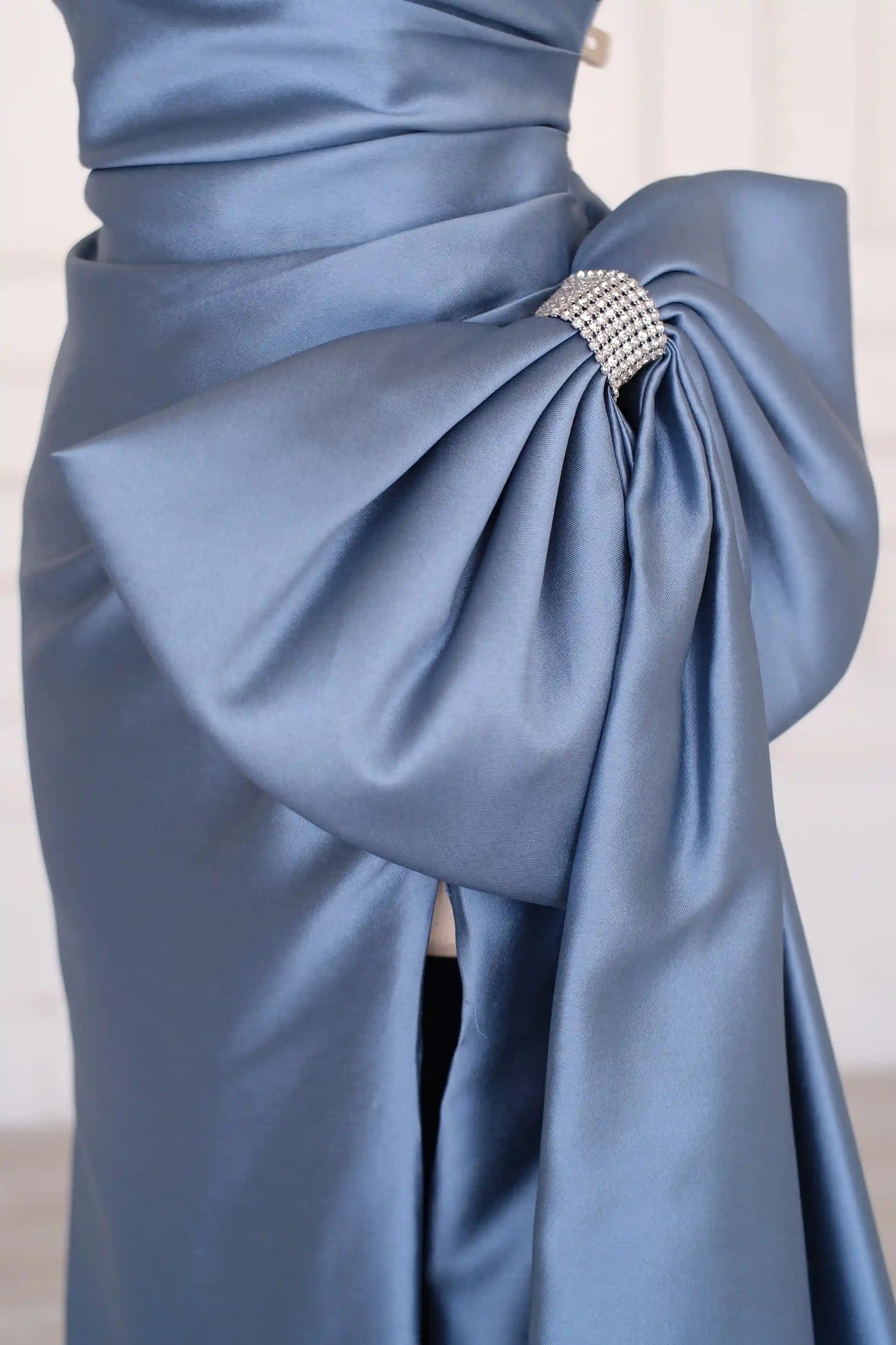 Dusty Blue Strapless Mermaid Side Bow Slit Long Formal Dress