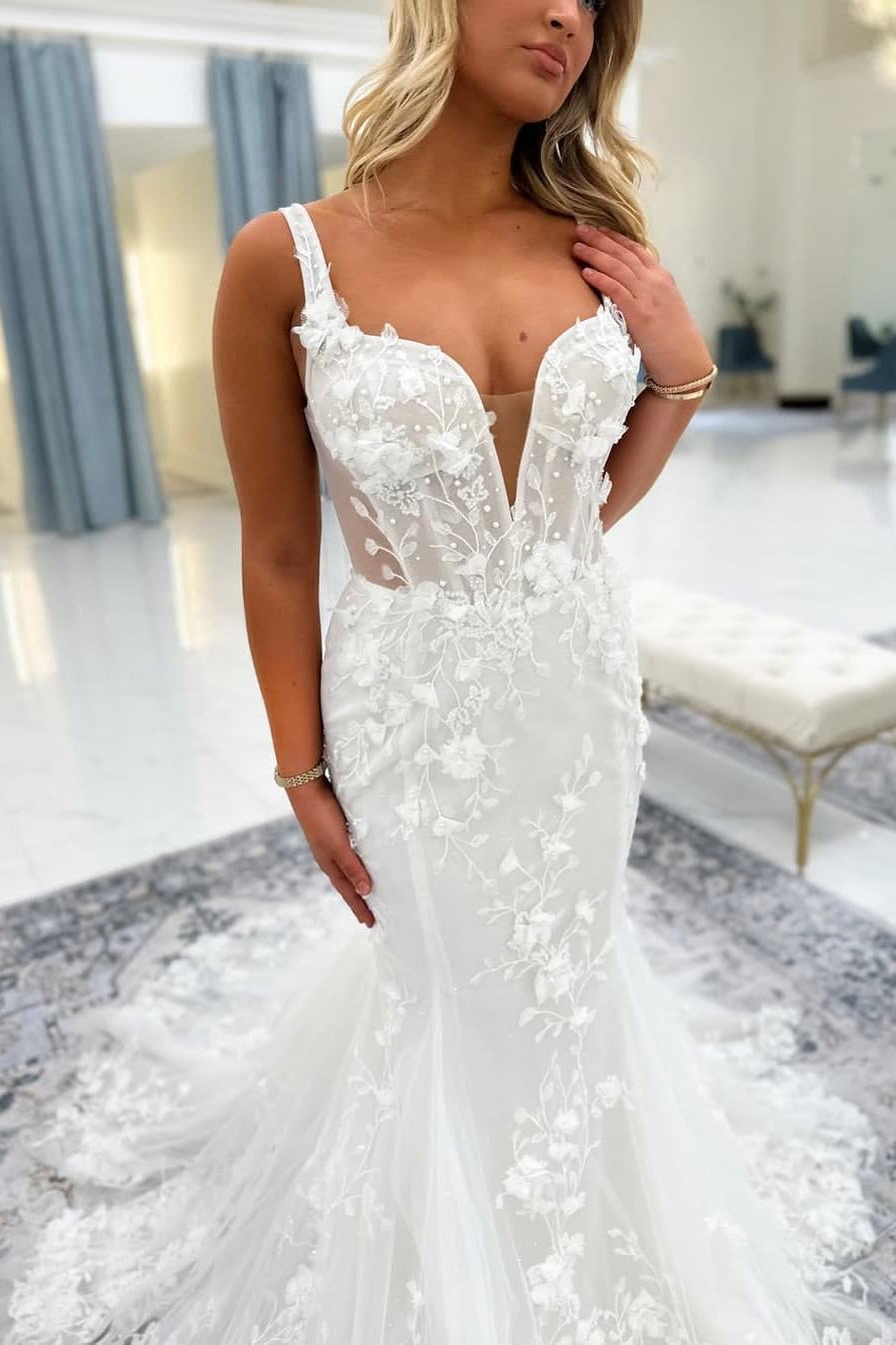 Elegant deep V-neck lace applique trumpet wedding dress with train