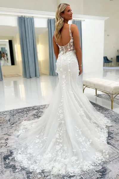 Elegant deep V-neck lace applique trumpet wedding dress with train