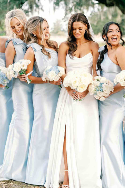 Elegant one shoulder draped satin bridesmaid dress