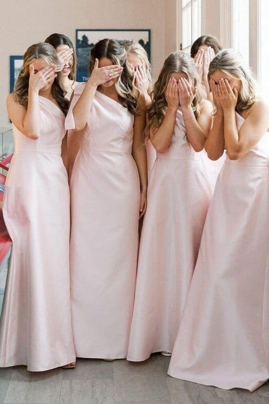 Pink one shoulder draped satin bridesmaid gown front full