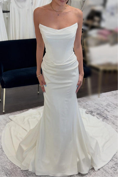 Fit Strapless Satin Mermaid Wedding Dress With Chapel Train Front Full