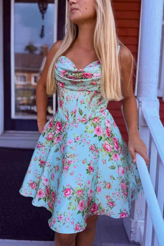 Floral Print Blue Spaghetti Strap A-Line Homecoming Dress Front Full