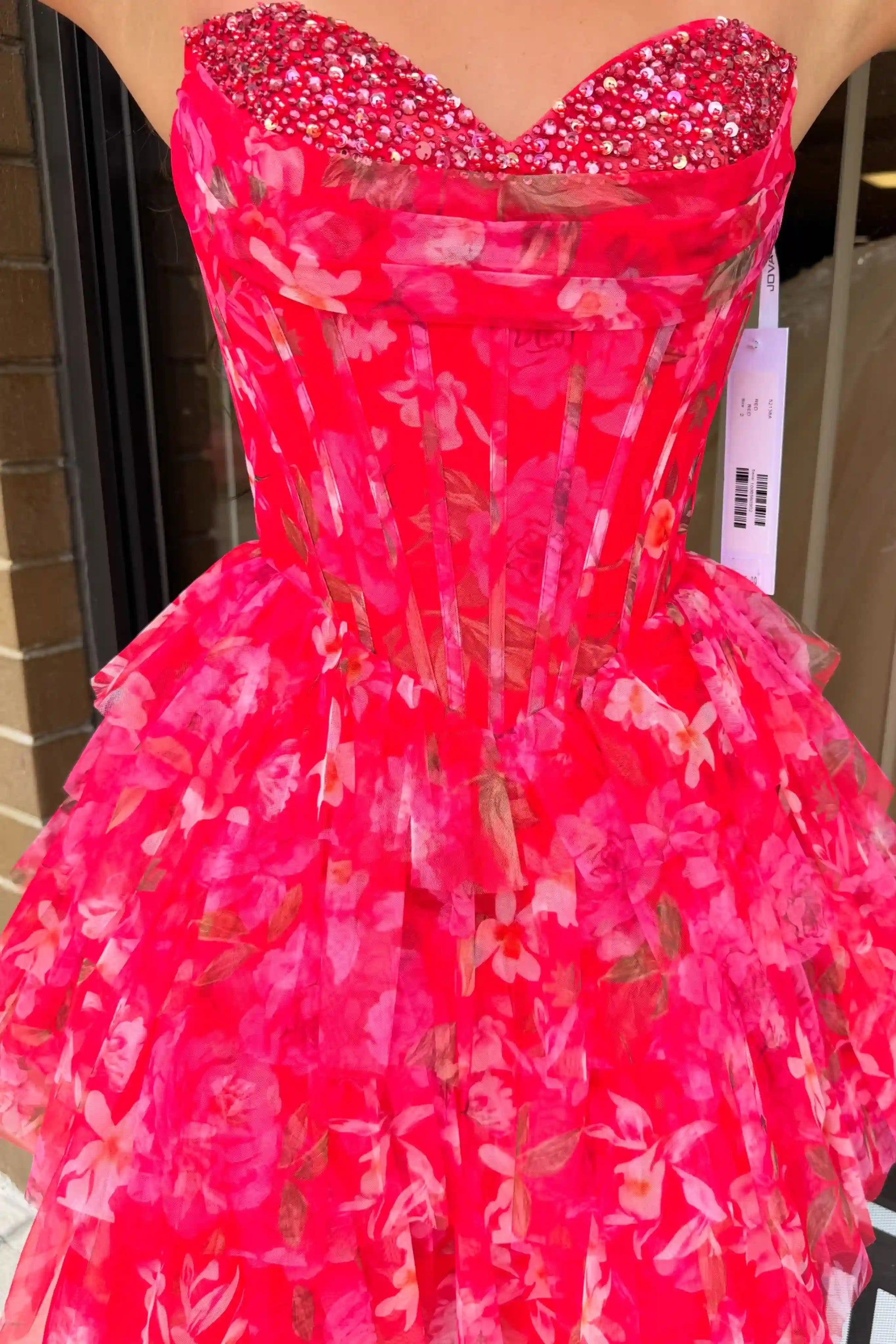 Floral Print Fuchsia Sweetheart Tiered Homecoming Dress with Rhinestone
