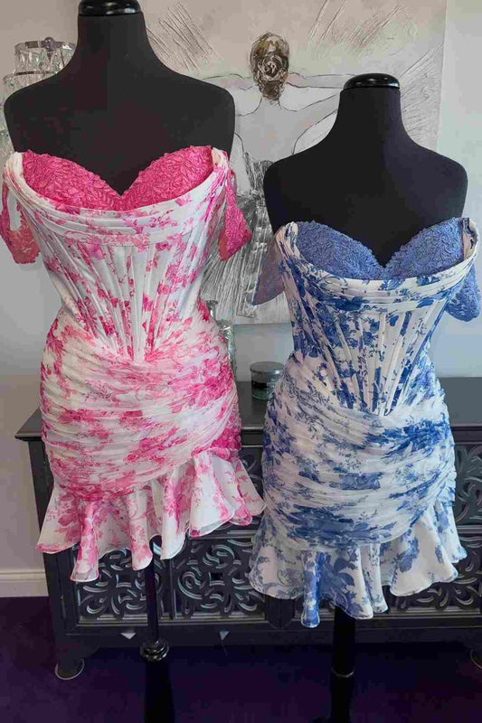 Floral Print Off-Shoulder Homecoming Dress with Ruffle Hem