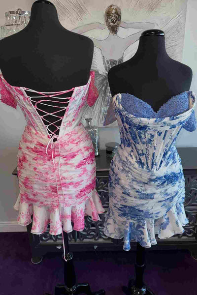 Floral Print Off-Shoulder Homecoming Dress with Ruffle Hem