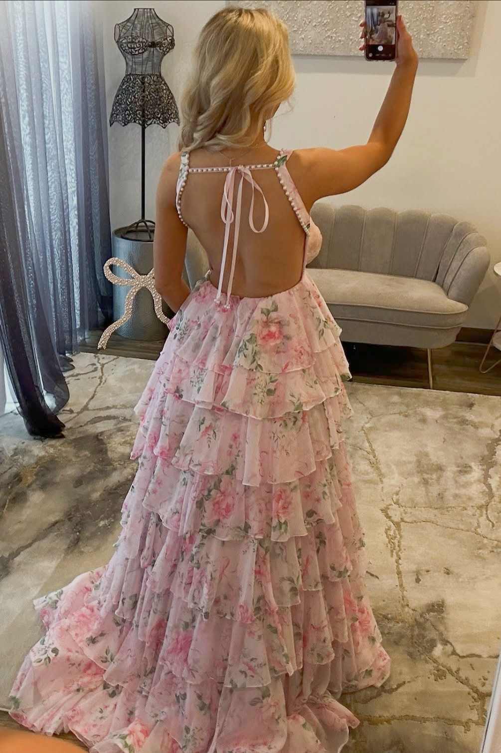 Floral Print Pink Pearl Square Neck Tiered Ruffle Chiffon Prom Dress