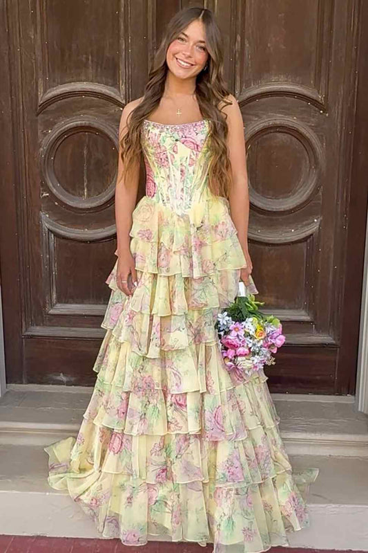 Floral print strapless empire waist prom dress with tiered ruffle