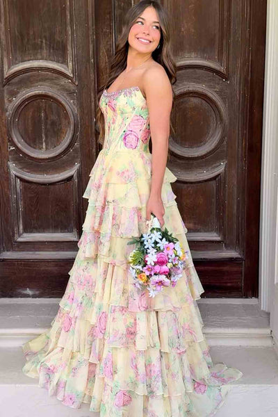 Floral print strapless empire waist prom dress with tiered ruffle