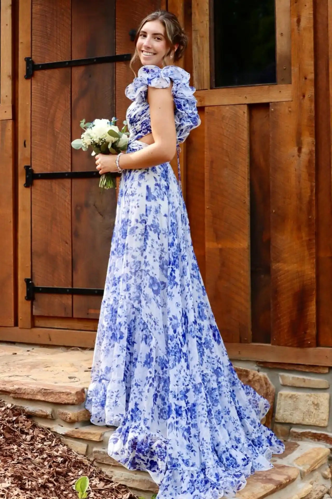 Floral Print V-Neck Cutout Waist Ruffle Maxi Prom Dress