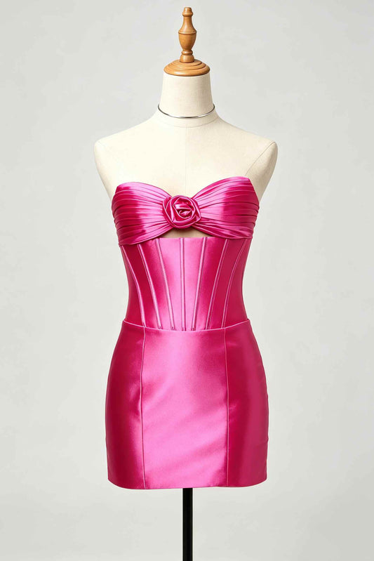 Fuchsia 3D rose pleated homecoming short dress